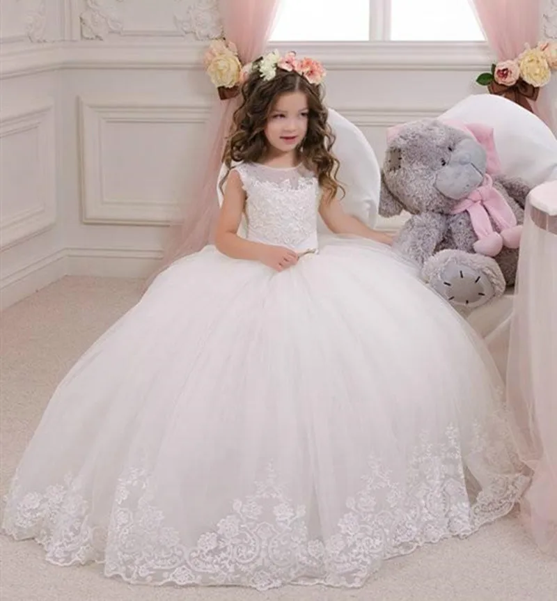 

Vintage Flower Girl Dresses for Wedding Sheer Neck Children First Communion Dress Princess Pageant Gown Kid Size 1-14Y