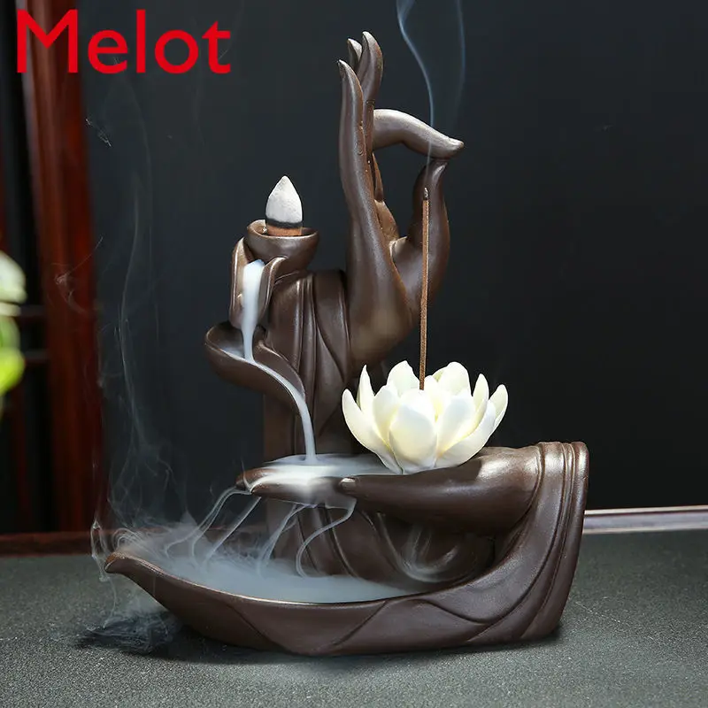 

Luxury Purple Clay Backflow Incense Burner Zen Buddha Hand Sandalwood Stove Home Indoor Incense Burner Creative Ornaments