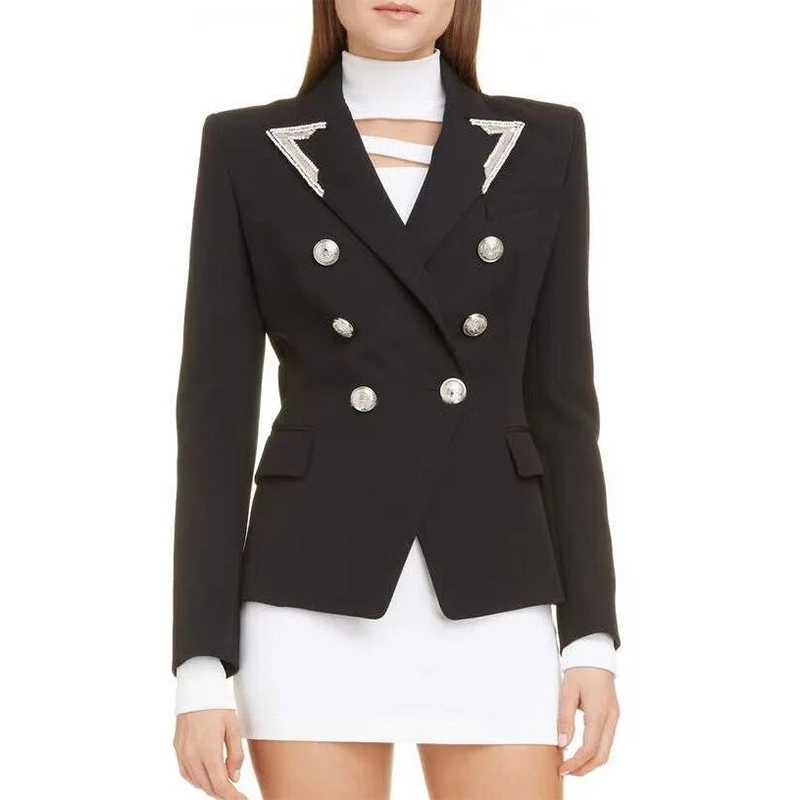 

HIGH STREET 2021 Designer Blazer Women's Strass Beading Collar Double Breasted Lion Buttons Blazer Jacket