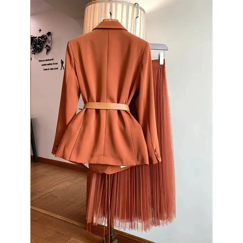 

Coffee suit jacket + mesh skirt two-piece women's OL elegant suit spring 2021 new products