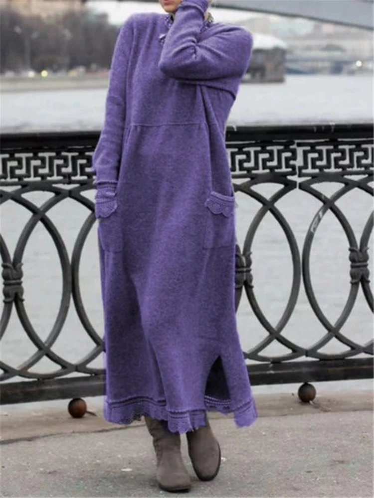

Plus Size Women Knit Long Dress Muslim Casual Abaya Kaftan Islamic Clothing O-Neck Sweater Dress Femme Autumn Pockets Vestidos