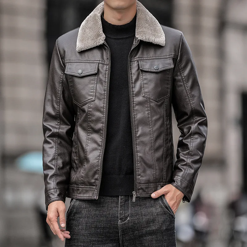 

Leather jacket men's fur one pu multi-pocket leather jacket motorcycle lapel men slim plus velvet thick leather jacket men