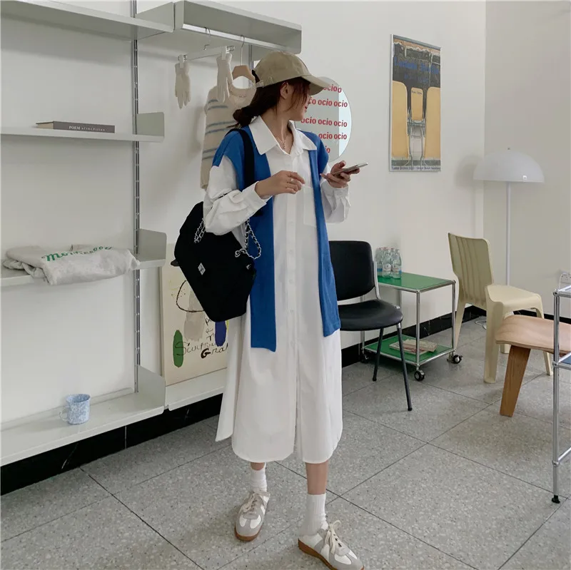 

COIGARSAM Patchwork Women dress Loose Single Breasted Turn-down Collar Dresses White Blue 9638