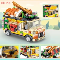 hot creative japan sushi truck disneyland food vehicle mounts wheels meals model bricks mini building blocks toys for child gift
