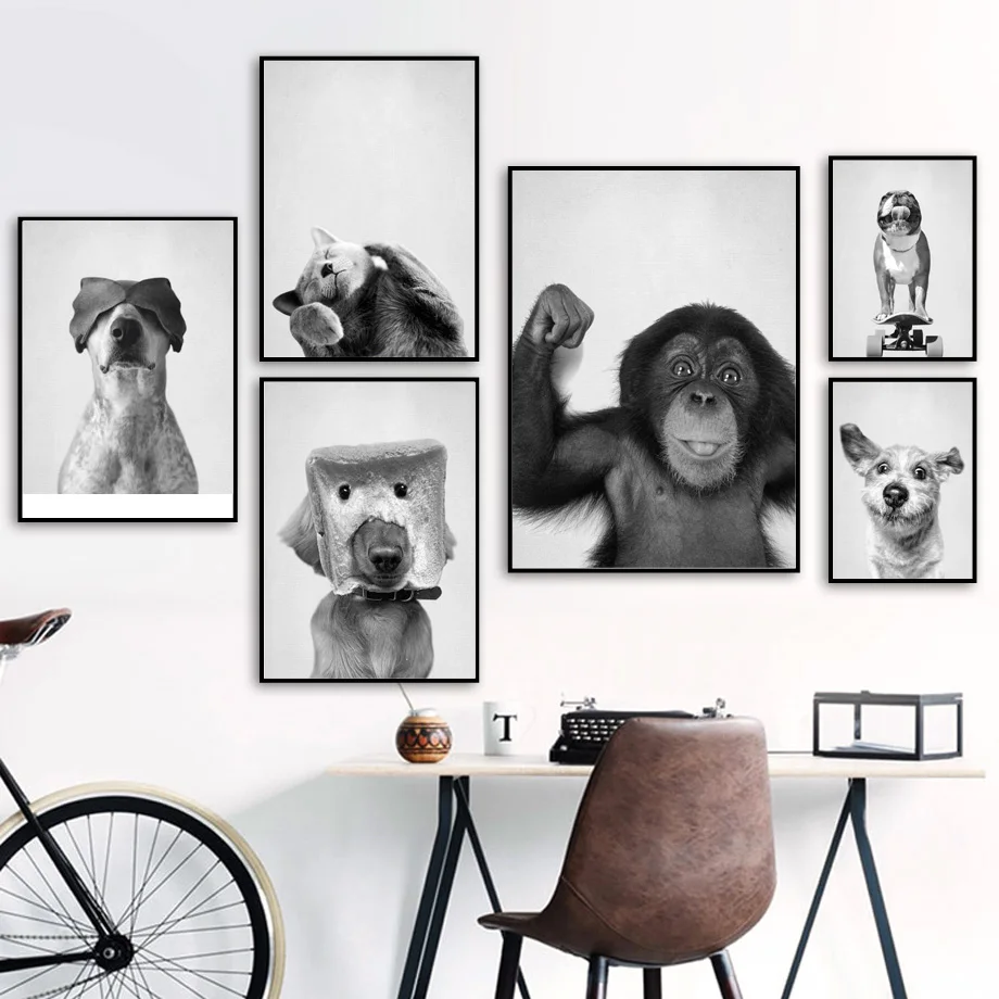 

Funny Baby Cat Dog Smiley Face Black White Wall Art Canvas Painting Nordic Posters And Prints Wall Pictures For Kids Room Decor