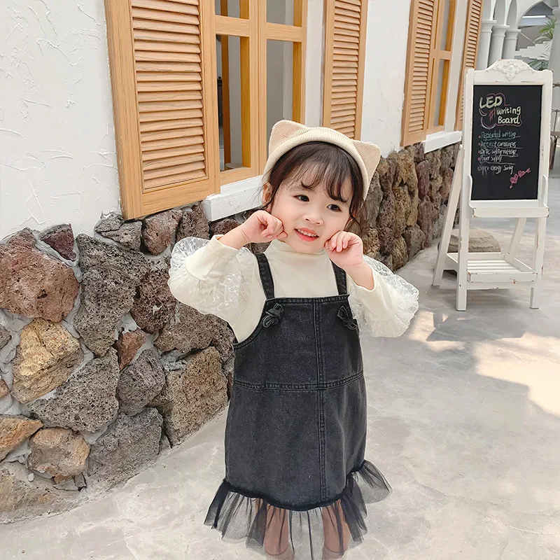 2019 Autumn New Arrival Korean style cotton all-match vest denim dress matching with grenadine for cute sweet fashion baby girls | Детская