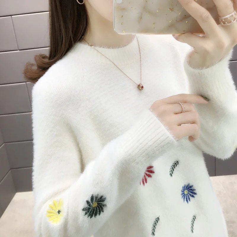 

10252 реальная фотография нового вязаного свитера, пуловер, пуловер с вышивкой хризантемой, норковый бархат 50ttl