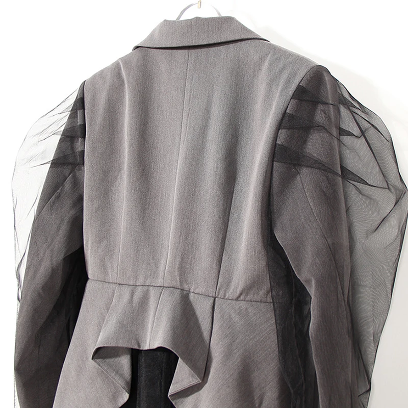 

VGH Gray Patchwork Mesh Colorblock Blazer Women Notched Long Sleeve Korean Fashion Straight Split Women's Jacket Autumn 2021 New