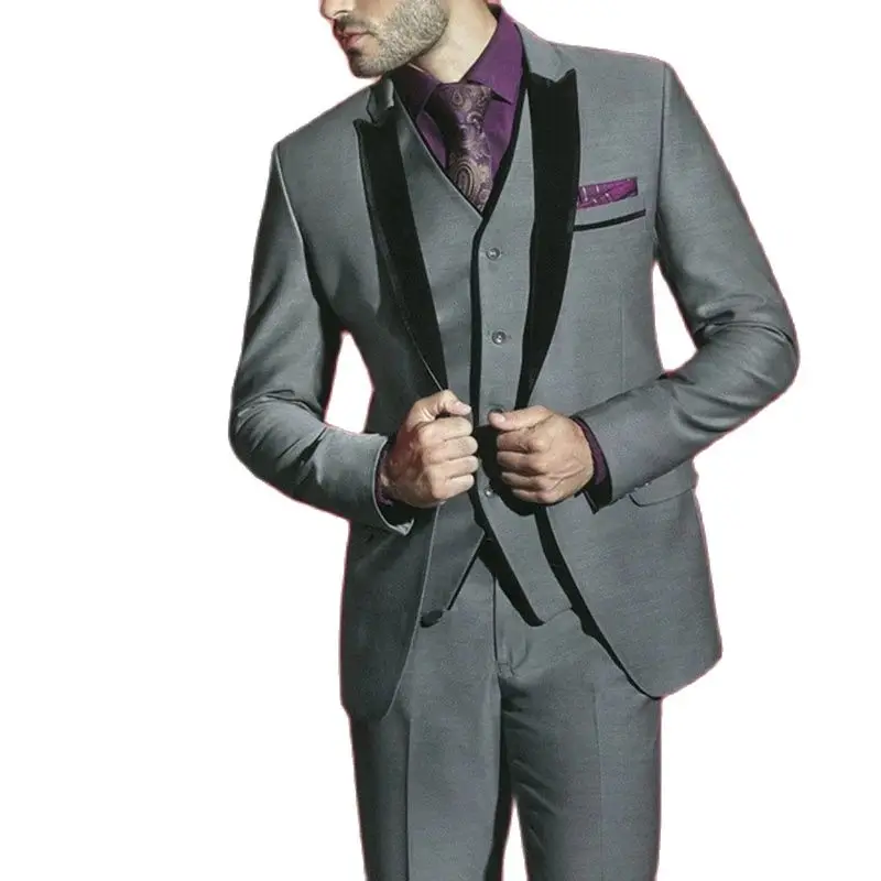

Hot Sale Dark Grey One Button Groom Tuxedos With Black Peak Lapel Groomsmen Mens Wedding Prom Formal Slim Fit Suits 3 Pieces