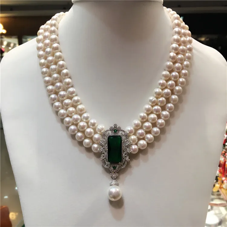 

Hot sell new 8-9mm natural white freshwater pearl multi-layer necklace zircon Women Gift jewelry 17-19inch