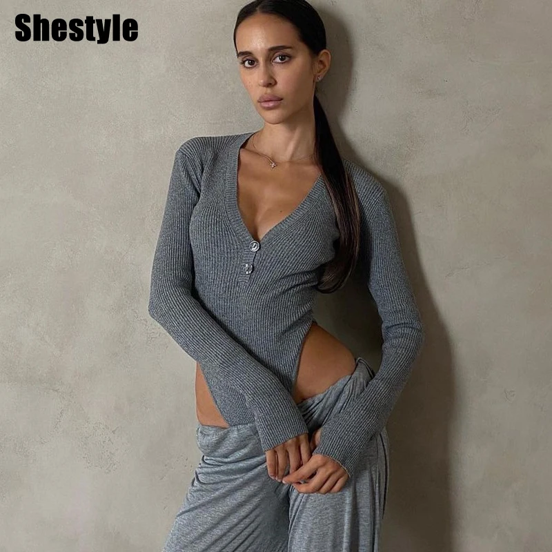 

Женское трикотажное боди Shestyle, темно-серое базовое трикотажное боди на пуговицах, с длинным рукавом и высокой талией, осень