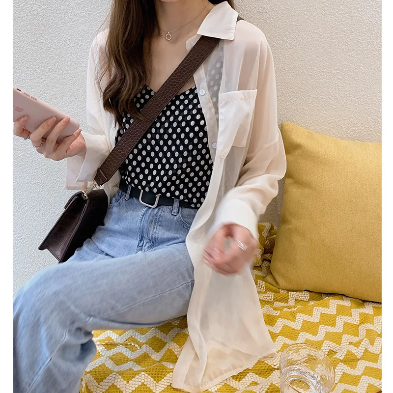 

Qooth Blouse Women Chiffon Sunscreen Clothing Ladies Korean Style Tops Womens Solid Blouse Outwear Loose Blouse QH2328