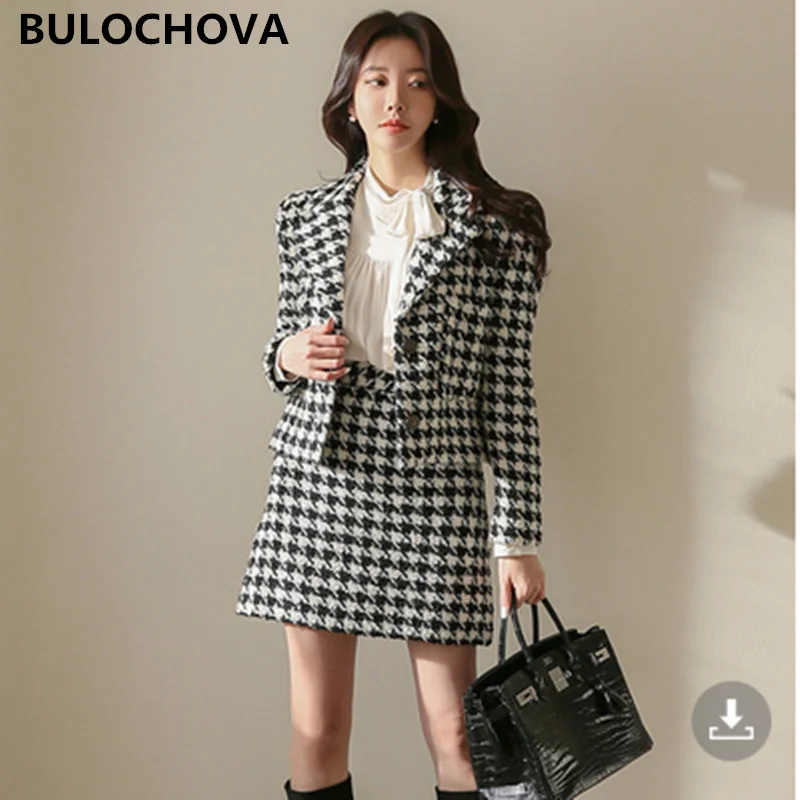 

BULOCHOVA Vintage Winter Houndstooth Woolen Suits Women Single-Breasted Slim Short Jacket Coat + Mini Skirt 2 Piece Sets Clothes