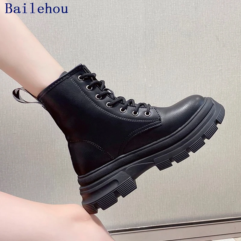 

Women's Martin Boots Short Ankle Platform Female Shoes For Women 2021 Autumn New Ladies Round Toe Cross-Tied Booties Shoes