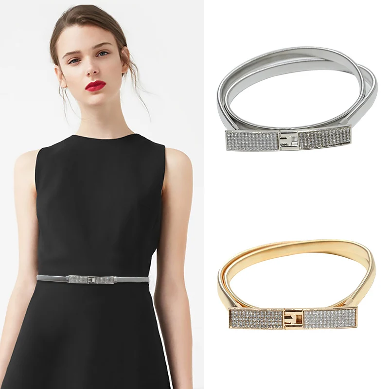 

Elastic Women Belts Gold Silver Chain Waist Belts Metal Plate Female Dress Belts Ladies Thin Stretch Waistband ceinture femme