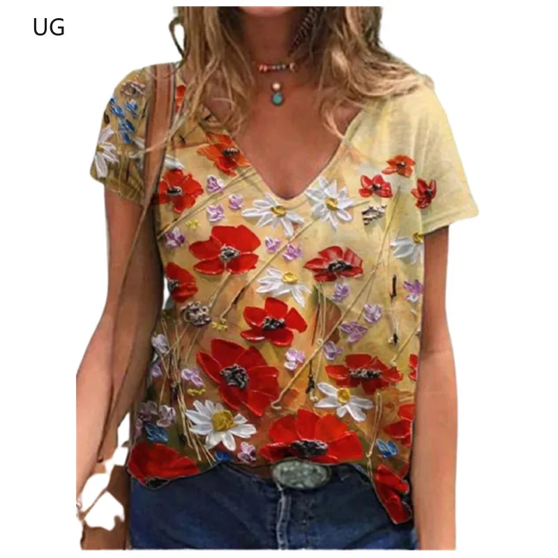 

UG 3D Floral Print Women T Shirt Boho Short Sleeve V-Neck Tops Casual Streetwear Plus Size Loose Lady Tee New Summer Clothes