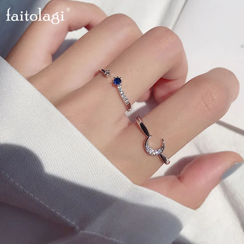 

1 Pc Simple Moon Star Couple Ring Rhinestone Crescent Geometric Open Rings 2021 Trend Crystal Luxury Wedding Jewelry