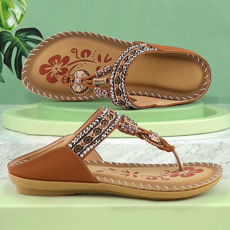 

Sandals Women Summer Non-slip Floral Printing Slides Comfy Beach Platform Flip Flops Fashion String Bead Roman Ladies Sandals