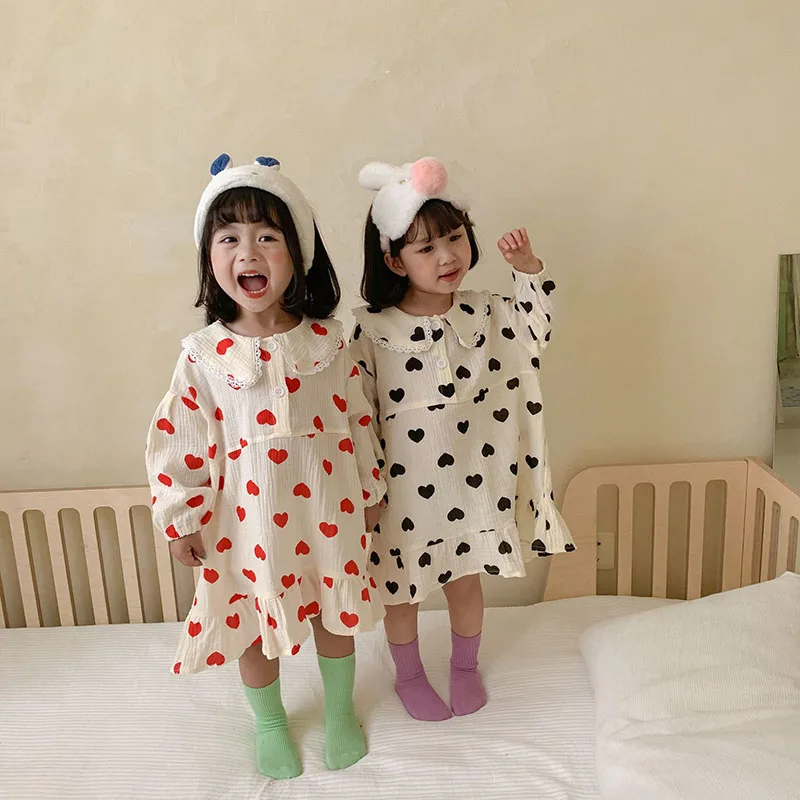 

2021 Autumn New Kids Pajamas Love Print Nightdress Linen Sleepwear For Sisters Casual Girls Pajamas Baby Girls Clothes