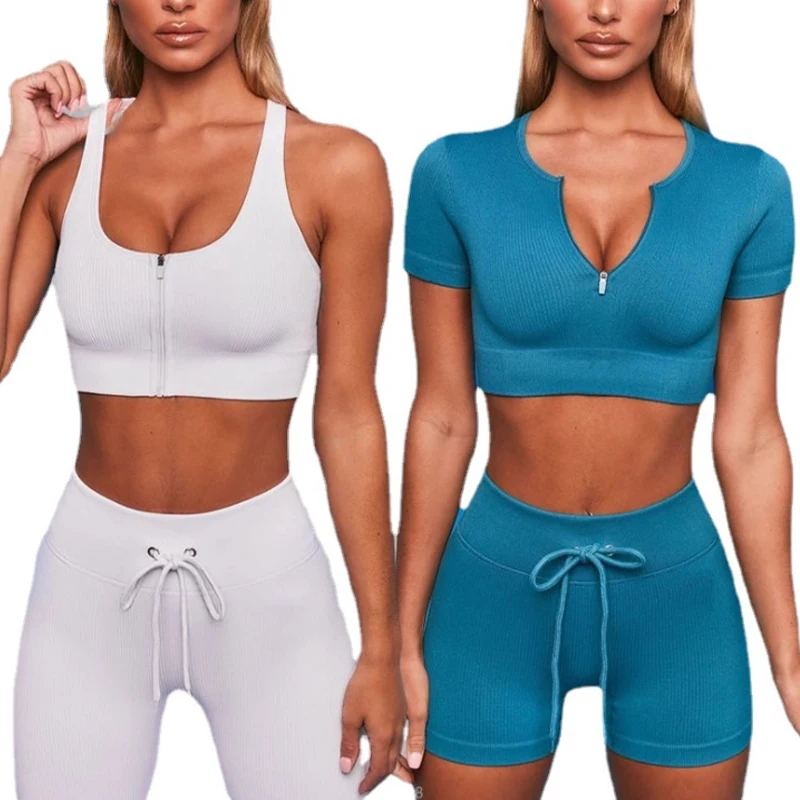 

2pcs Yoga Set Fitness Long Sleeve Sexy Zipper Sports Bra High Waist Leggings Running Yoga Pants Tops Biker Shorts Gym Set Women