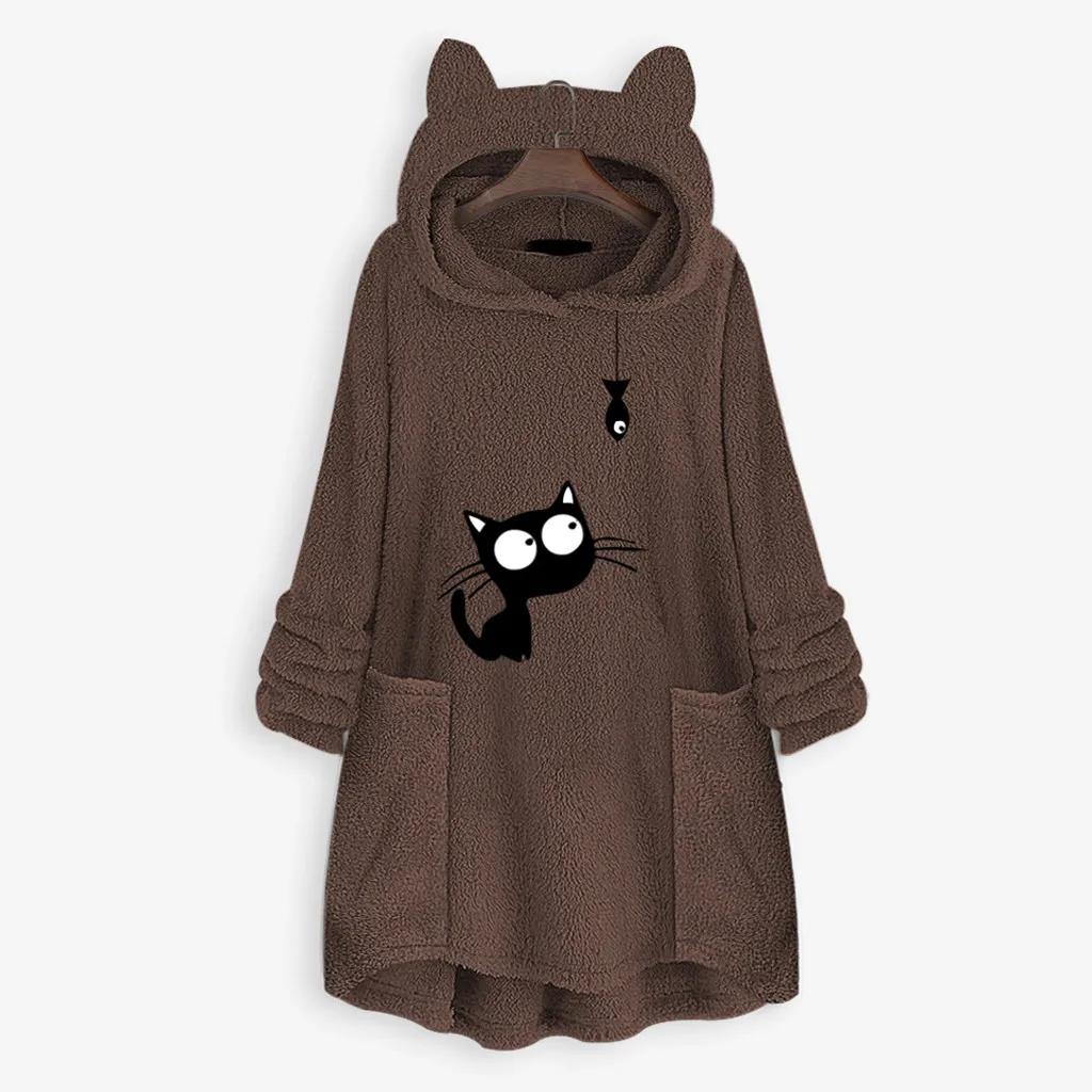 Толстовка для женщин толстовки флисовая вышивка кошачьи ушки размера плюс