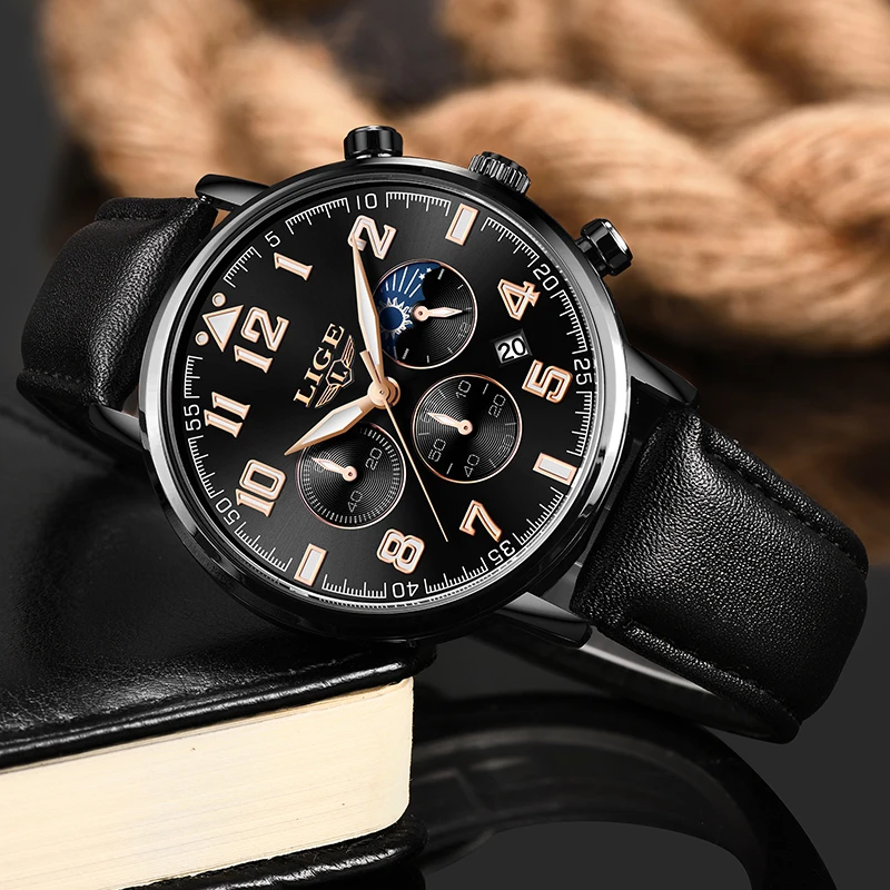 Часы наручные LIGE Мужские кварцевые брендовые Роскошные спортивные
