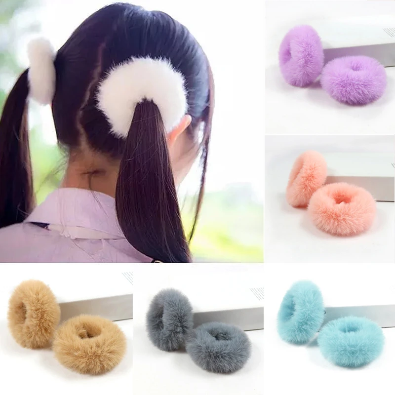 

2pcs=1Pair Fluffy Faux Fur Furry Scrunchies Soft Hand Made Fur Elastic Hair Bands Ring for Ladies Hair Ties