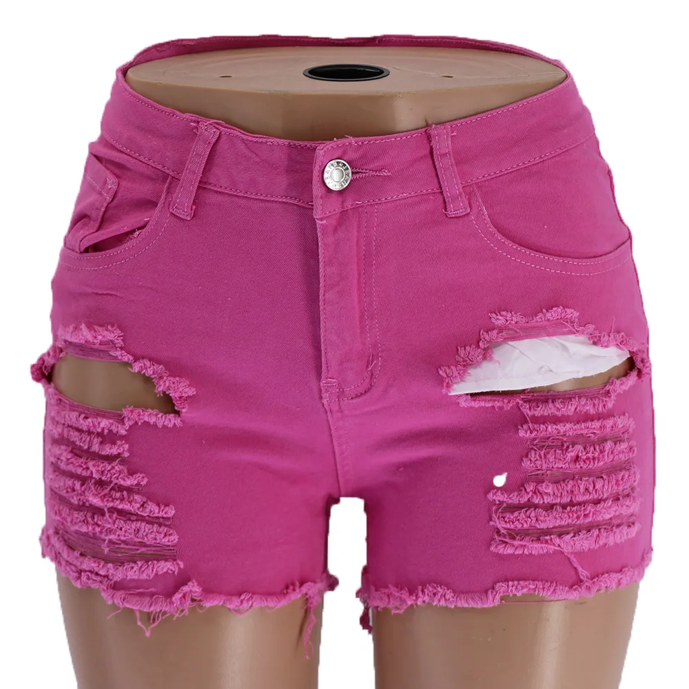 

Mandylandy Summer Fashion Solid Color Ripped Slim Denim Shorts Women's Casual High Waist Button Short Straight Jeans