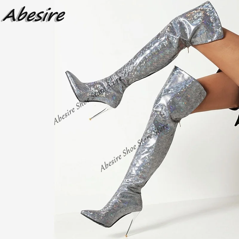 Abesire-Botas largas plateadas para mujer, zapatos de tacón alto transparente, con cremallera trasera ostentosa, hasta el muslo, para Otoño e Invierno