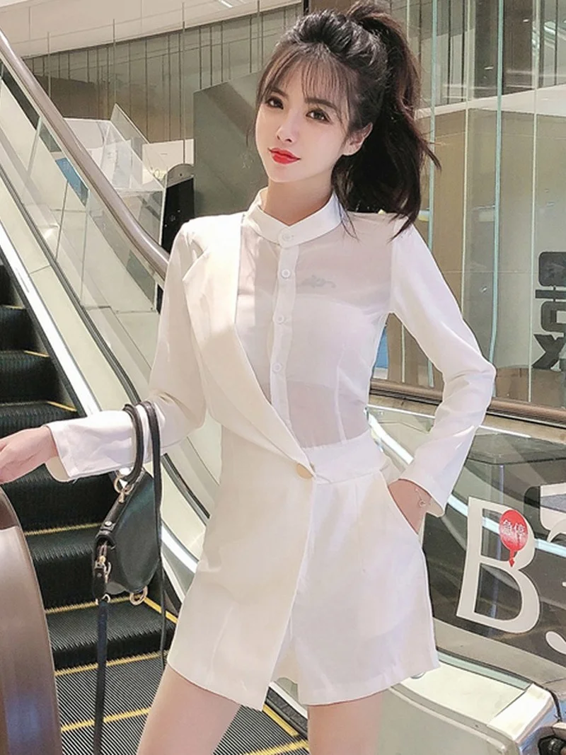 

Long Sleeve Stand White Jumpsuit Women Plaid Perspective Chiffon Wide Leg Rompers Black Playsuits Casual Wild Striped Patchwork