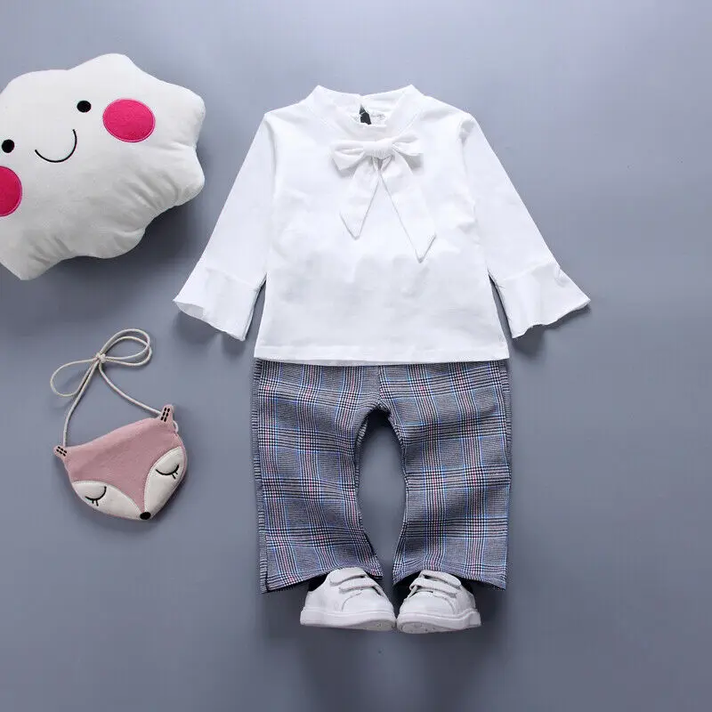 3 шт. хлопковая рубашка в клетку с длинным рукавом и бантом|Комплекты одежды для