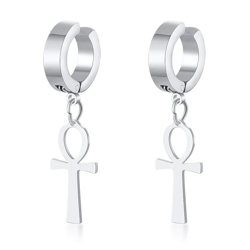 silver ear clip Вечный крест египетская Клеопатра Ankh серьги для мужчин ювелирные изделия антиквариат Черный Нержавеющая сталь египетская королева Анкара серьги - Окраска металла: silver ear clip