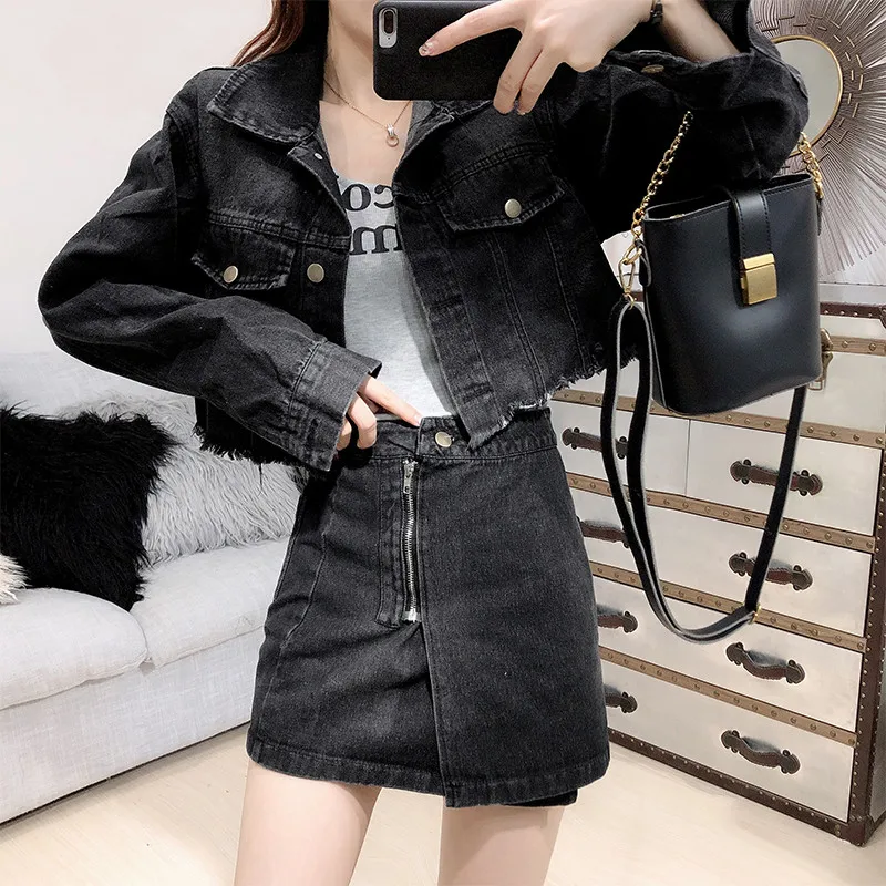 Осенний костюм с юбкой корейские женские комплекты модная короткая джинсовая