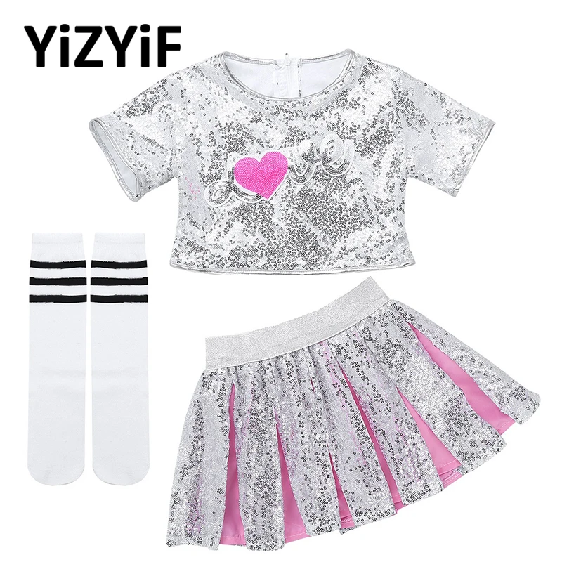 Детские танцевальные костюмы для девочек с блестящими блестками укороченный топ
