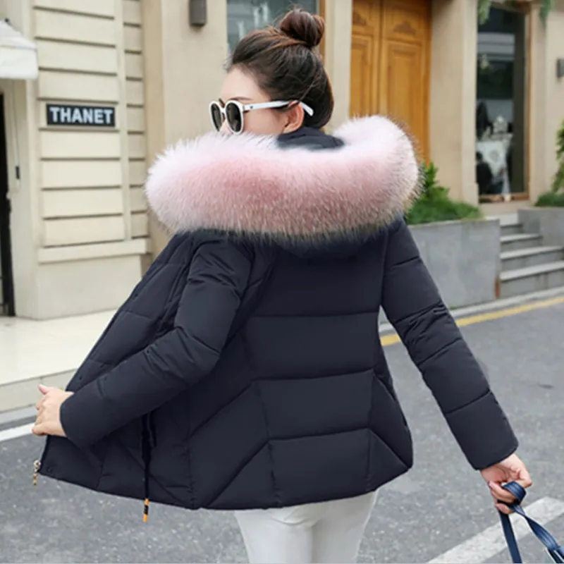 Black-pink Качественная зимняя куртка женские парки для пальто Модные женские пуховики с капюшоном с большим воротником из искусственного меха осеннее теплое пальто - Цвет: Black-pink