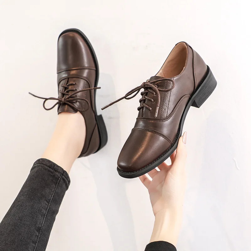 

Shoes Woman Flats Autumn Oxfords Low Heels Square Toe Casual Female Sneakers Dress Retro Fall New Leather Summer Leisure Rubber