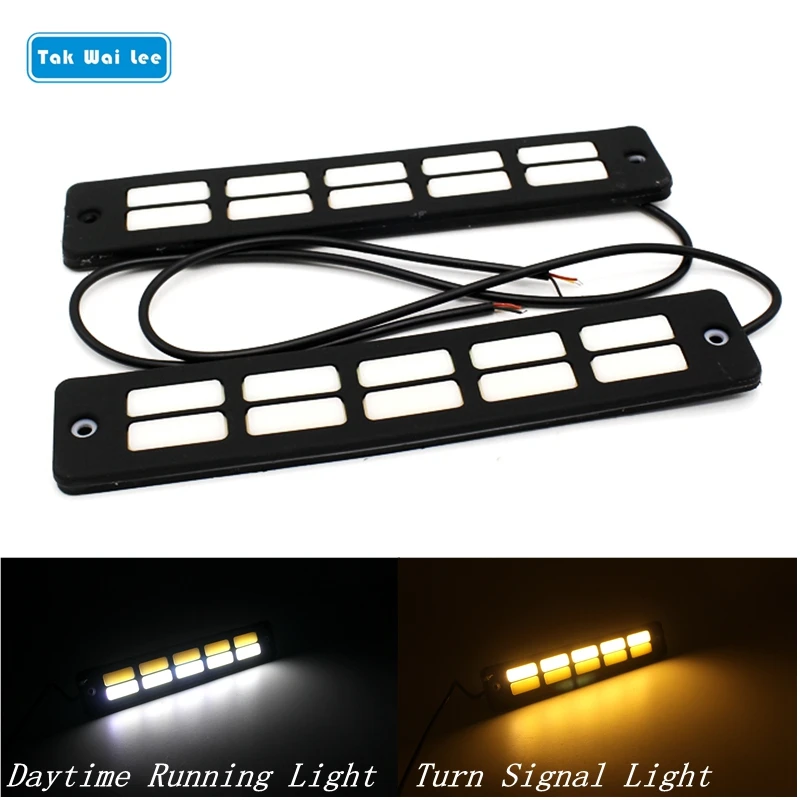 

Tak Wai Lee 2Pcs COB LED White Daytime Running Lights Bar Car Styling Waterproof Flexible Yellow Turn Signal Day Lamp With Stick