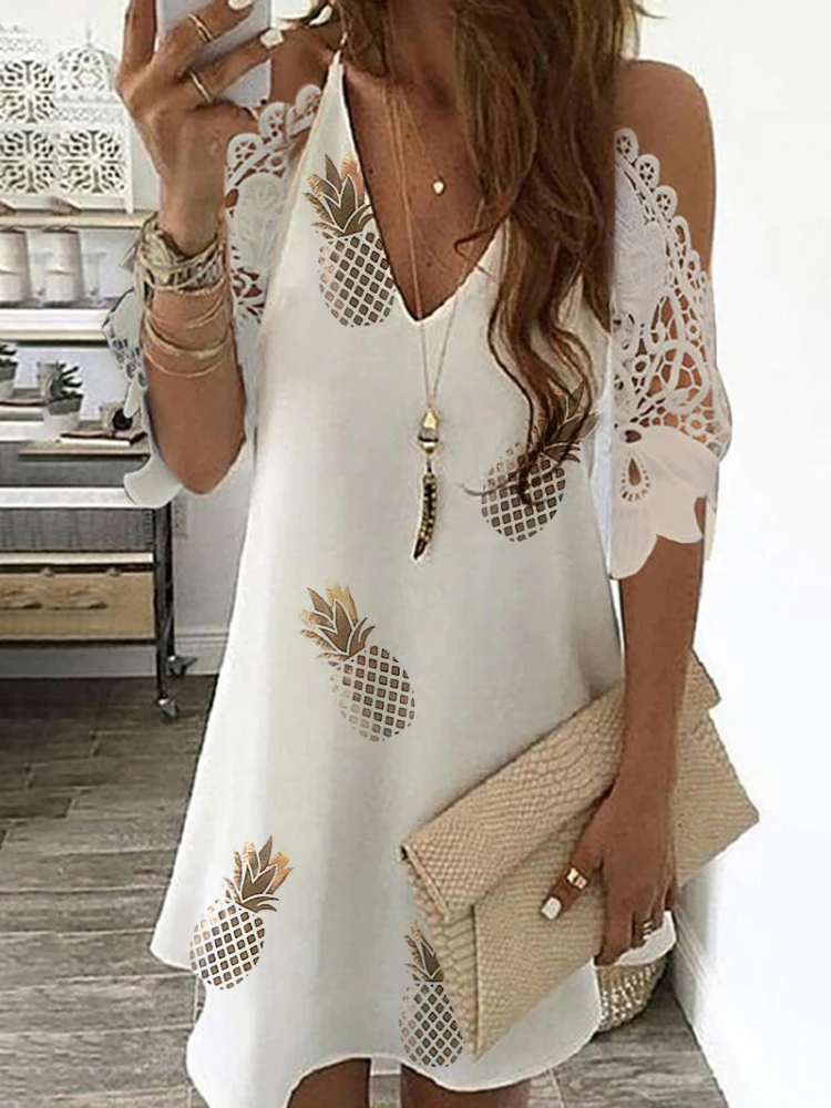 

2021 Women Fashion Summer Pineapple Print Cold Shoulder Crochet Lace Dress