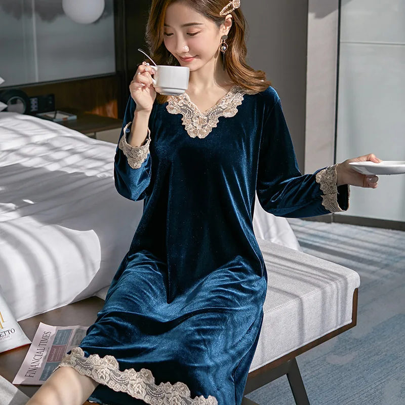 

Female Blue Velour Nightgown Sweet Lace Trim Nightwear Sexy V-Neck Nightdress Loose Home Dress Autumn Winter Casual Sleepwear