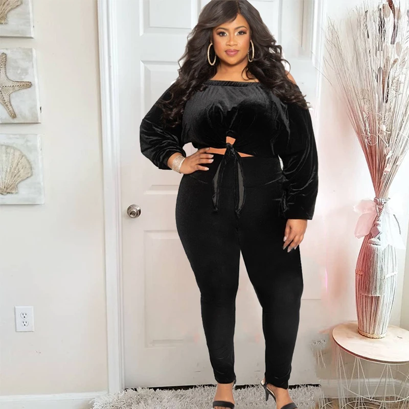 

Plus Size Clothing Women Tracksuit 2 Piece Set Off Shoulder Long Sleeve Top and Pants Black Velvet Set Dropshipping Wholesale