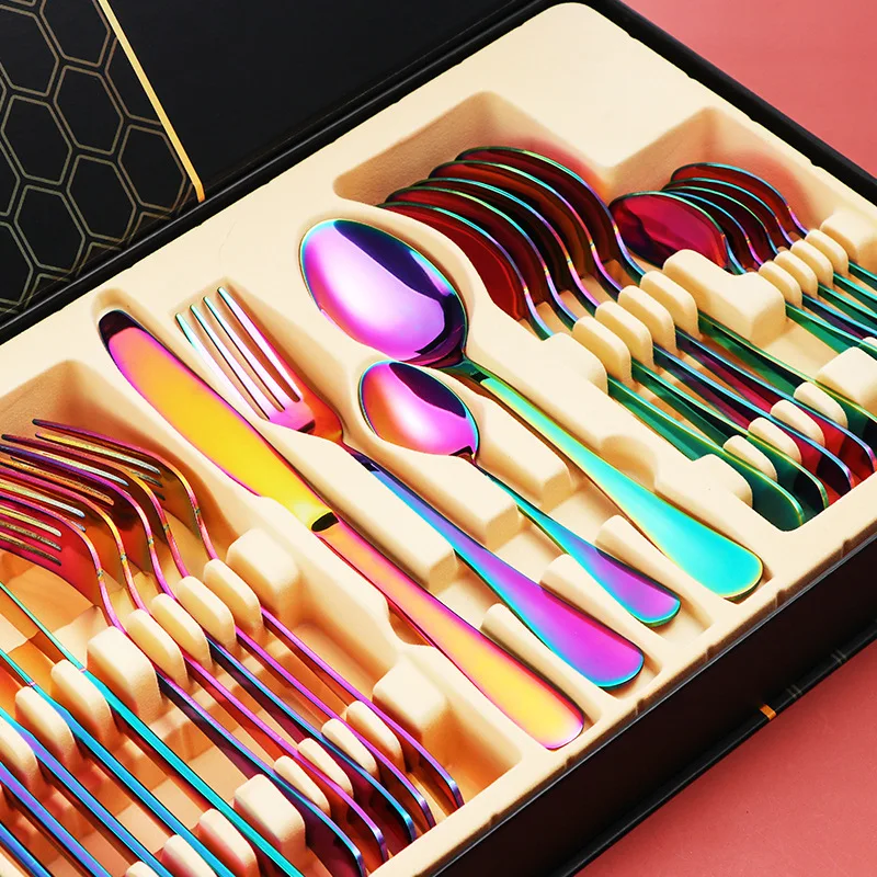 

Rainbow Cutlery Set Stainless Steel Western Food Steak Knife Set 24pcs Eco Friendly Gift Package Set Cuchillos Tableware BE50DS