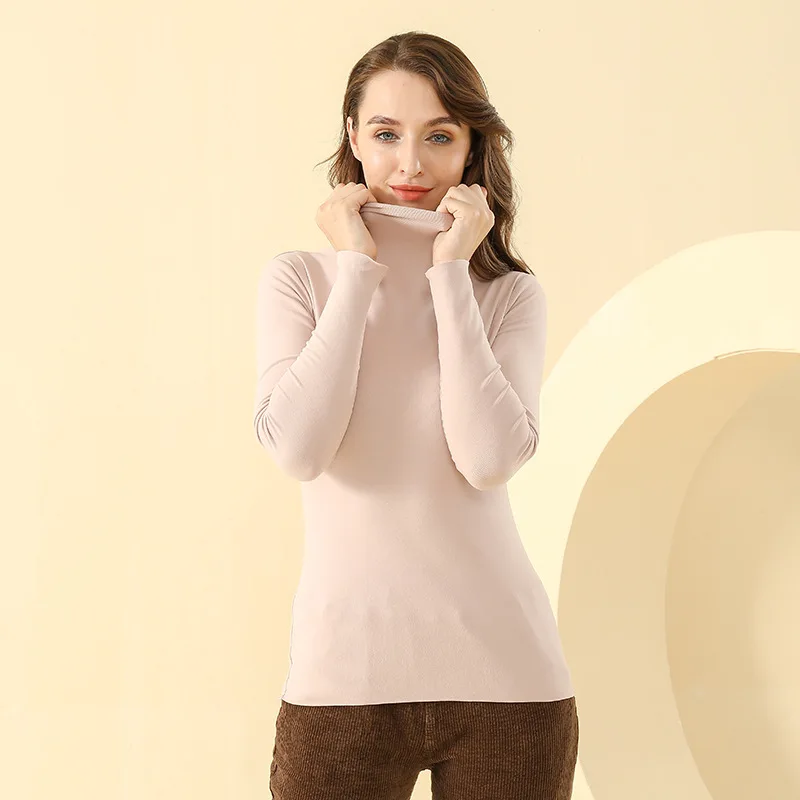

2021 new Korean version of solid color bottoming shirt high neck slim thin autumn clothes brushed seamless thermal underwear wom