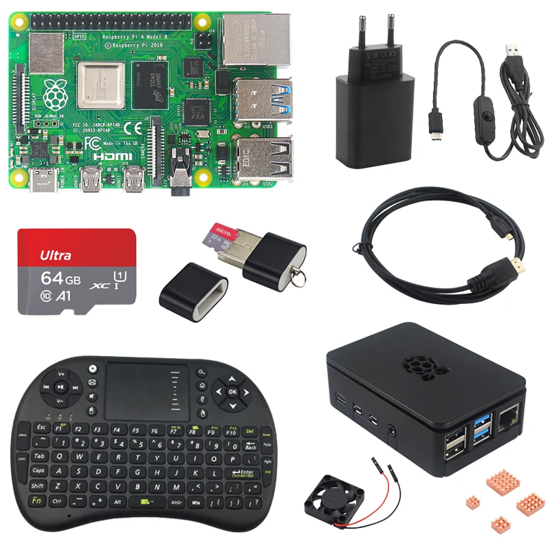 Raspberry Pi 4 Model B Kit 2/4/8GB RAM + чехол вентилятор радиаторы Беспроводная клавиатура 32 64GB TF