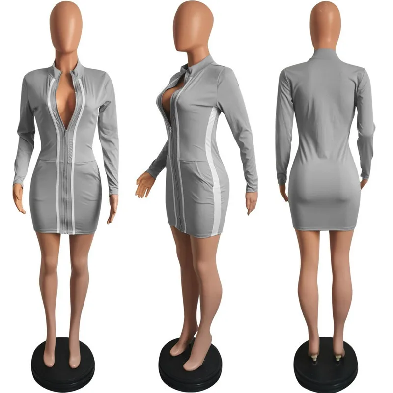 

WJFZQM Fashion Stand Zippers Striped Patchwork Dress Casual Bodycon Women Mini Dress Long Sleeve Club Ladies Skinny Short Dress