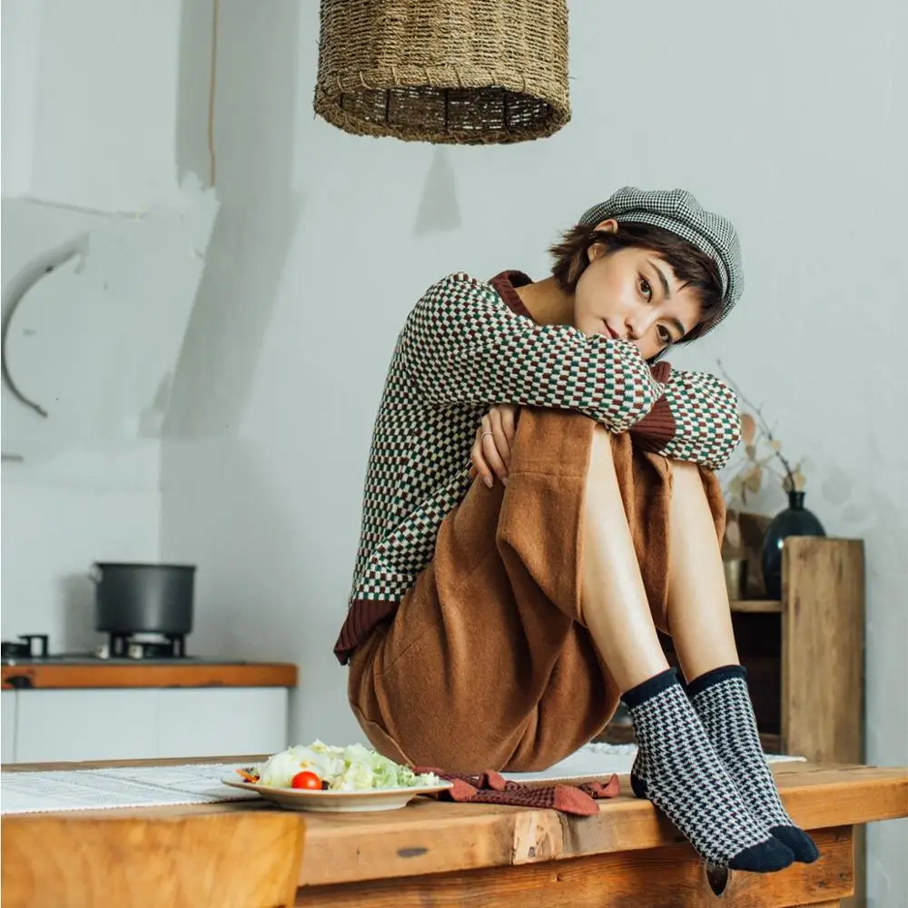 Woman Solid Jacquard Wool Houndstooth Socks Girls Animal Warm Winter Socks Ankle Socks Rust Mustard Grey Crew Sock 4/5Pairs/ lot