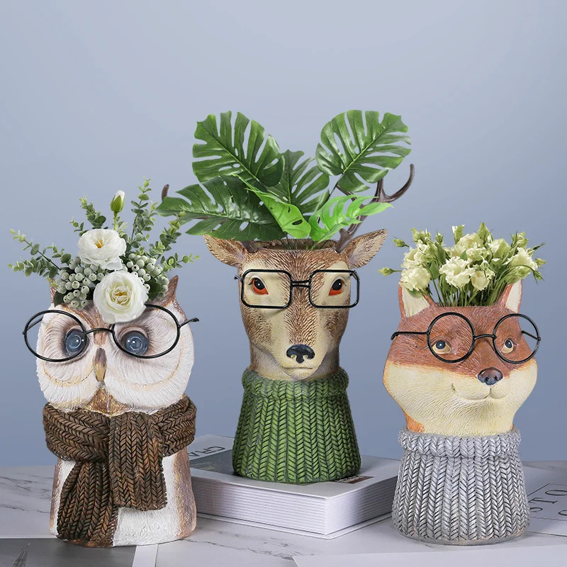 Florero de resina con forma de b&uacute;ho y ciervo para decoraci&oacute;n del hogar, maceta con forma de Animal, maceta de flores, adornos suaves, artesan&iacute;as de escritorio N&oacute;rdicas-0