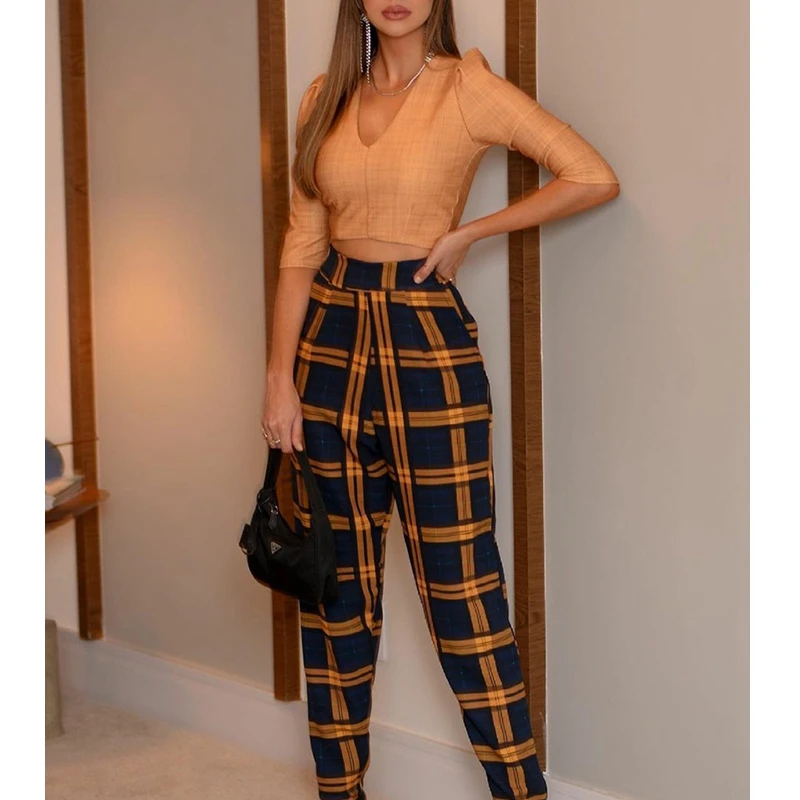 

2 Piece Sets Tshirt Sets Short Tops Casual Business Outfits Women Plaid Commuter High Waist Pencil Pants Pants Sets
