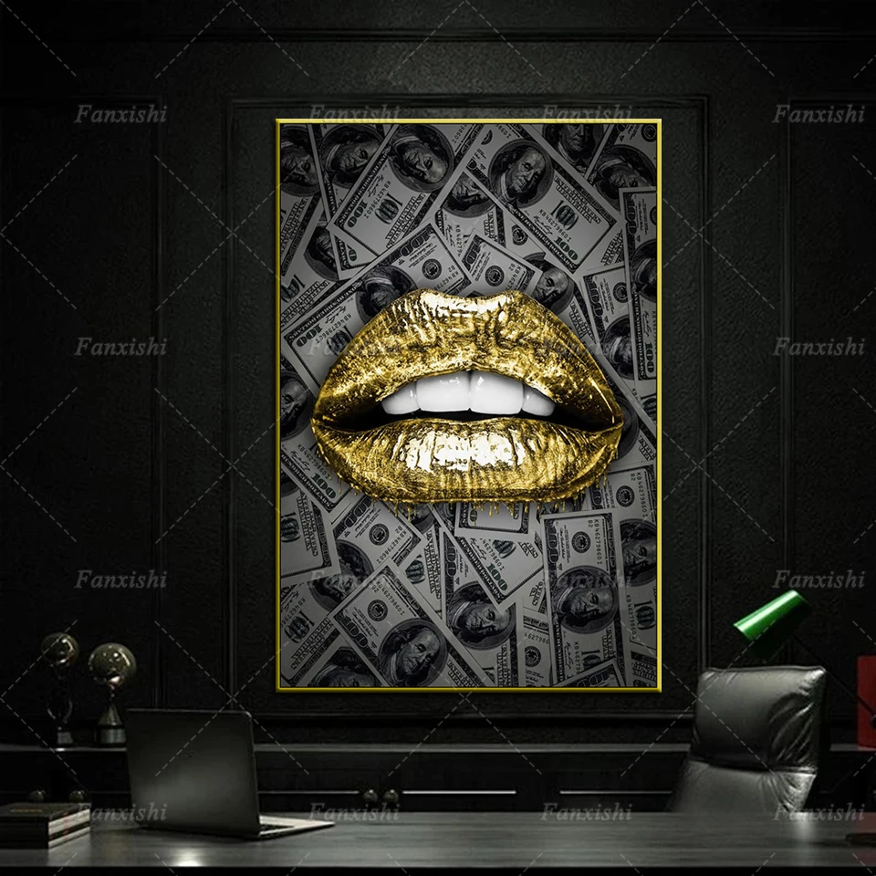 

Golden Drip Fashion Lips Inspirational Painting Posters Modern Motivational Prints Art Canvas Modular Wall Pictures Office Decor