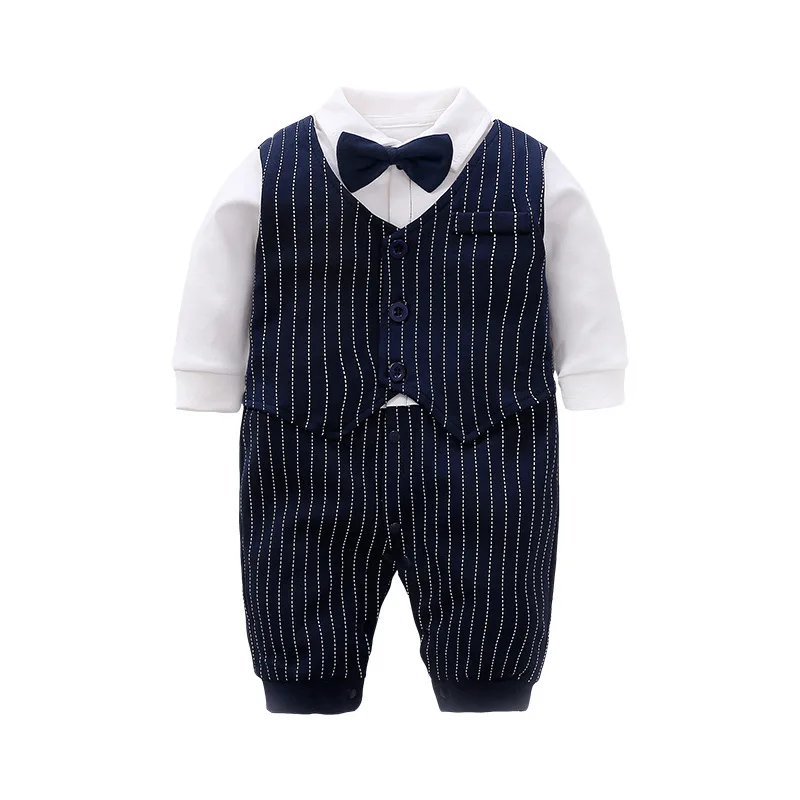 Newborn Gentleman One Piece Long Sleeve Baby Boys 2021 Spring Autumn Cotton Coveralls Jumpsuits Tuxedo Outfit Suit with Bow Tie