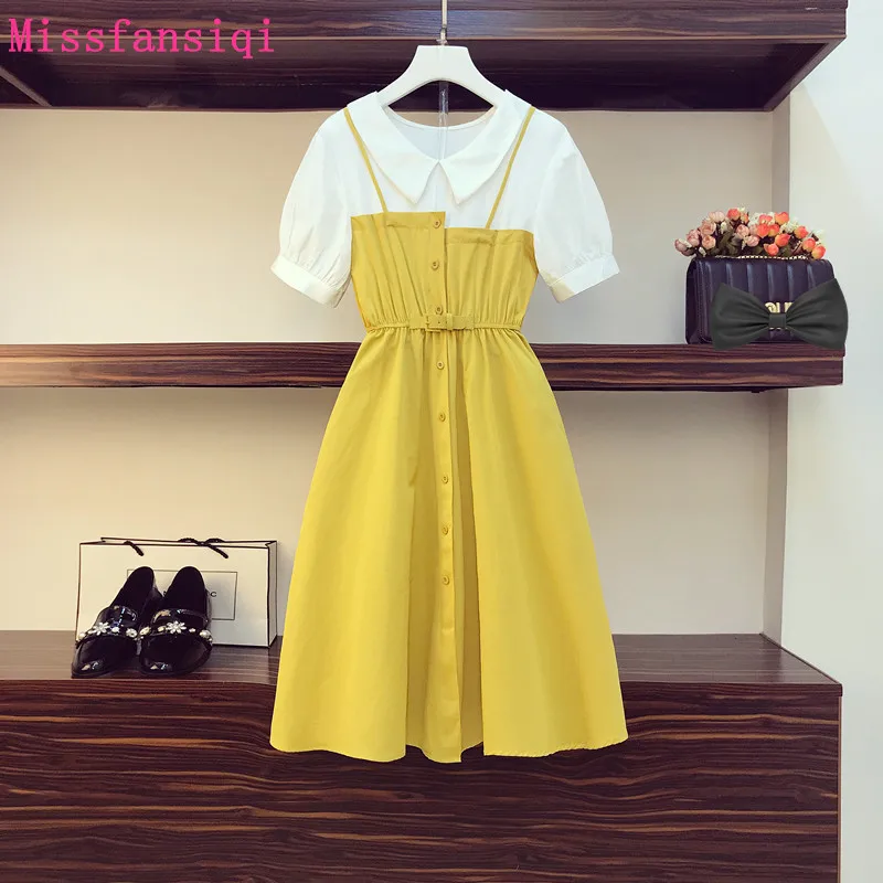 

2021 Hit Summer New Korean Style Fashion Patchwork Fake Two Piece Sundress Elegant Plus Size Midi Dress Women Bodycon Vestidos